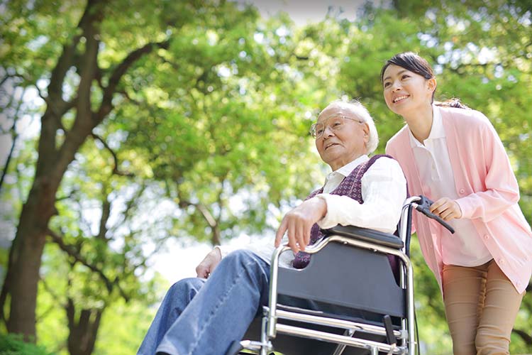 緑の公園で老人の車椅子を押して散歩する介護士