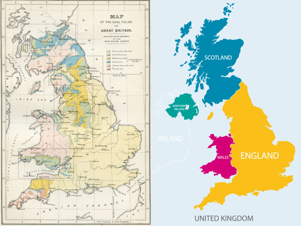 1800年代初期のGreat Britainのビンテージマップと現在のUKの地図を並べて比較