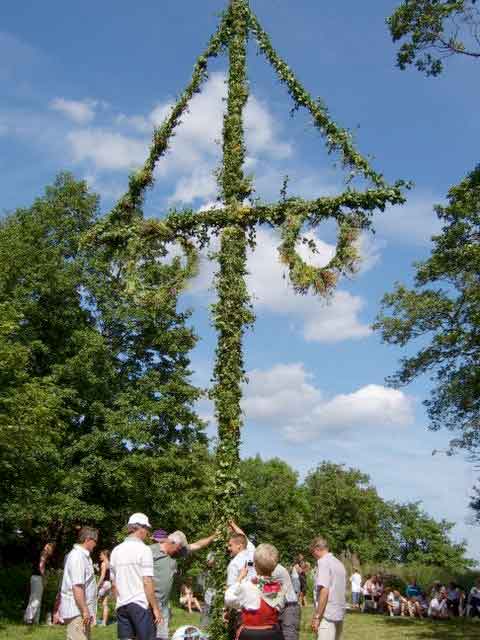 草花で飾った白樺のメイポールを囲んでダンスをするスウェーデンの夏至祭