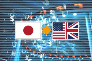 証券取引のイメージに日本とUS/UKの国旗