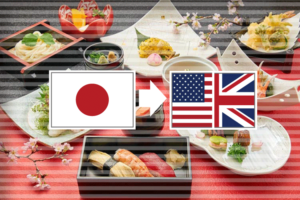 寿司や天ぷらなどが並ぶ日本料理のイメージに日本とUS/UKの国旗