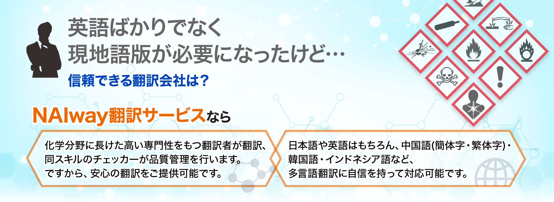 ヘッドコピー画像「英語だけでなく現地語版のSDSが必要になった。NAIwayなら化学分野に強い翻訳者が多言語翻訳に対応します。」