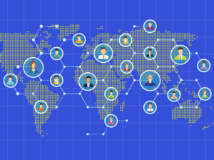 世界地図の上で人々がインターネットでつながっている様子