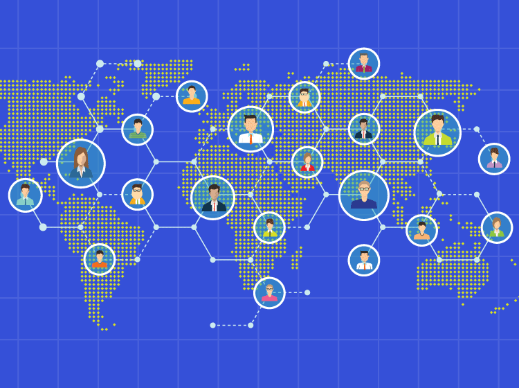 世界地図の上で人々がインターネットでつながっている様子