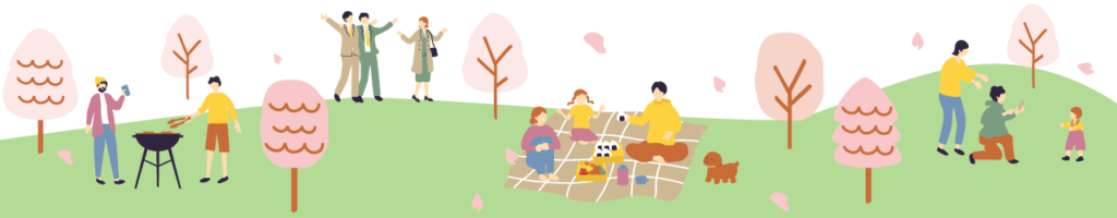 公園でお花見をする人達のイラスト