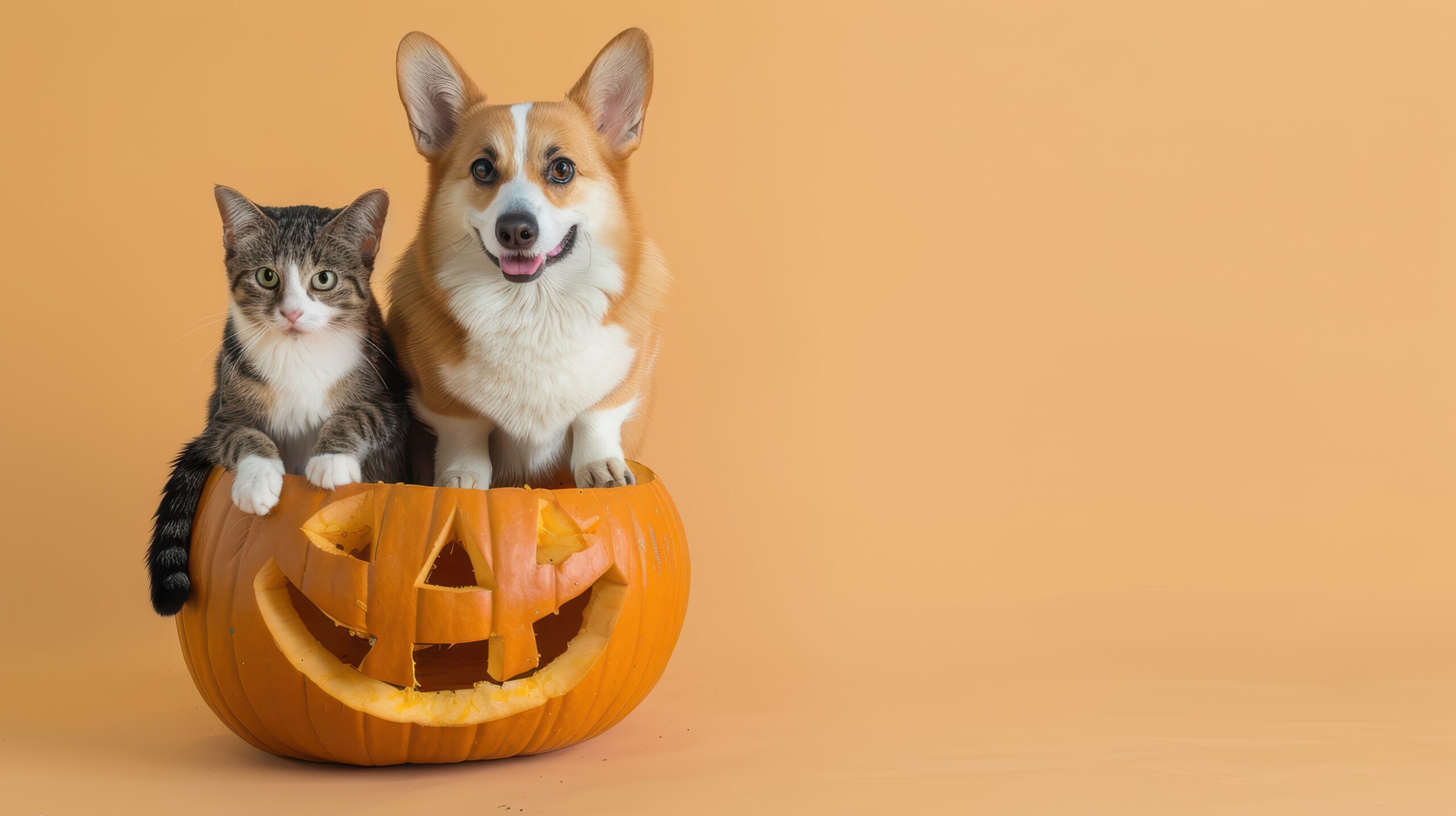 かぼちゃに乗った猫と犬